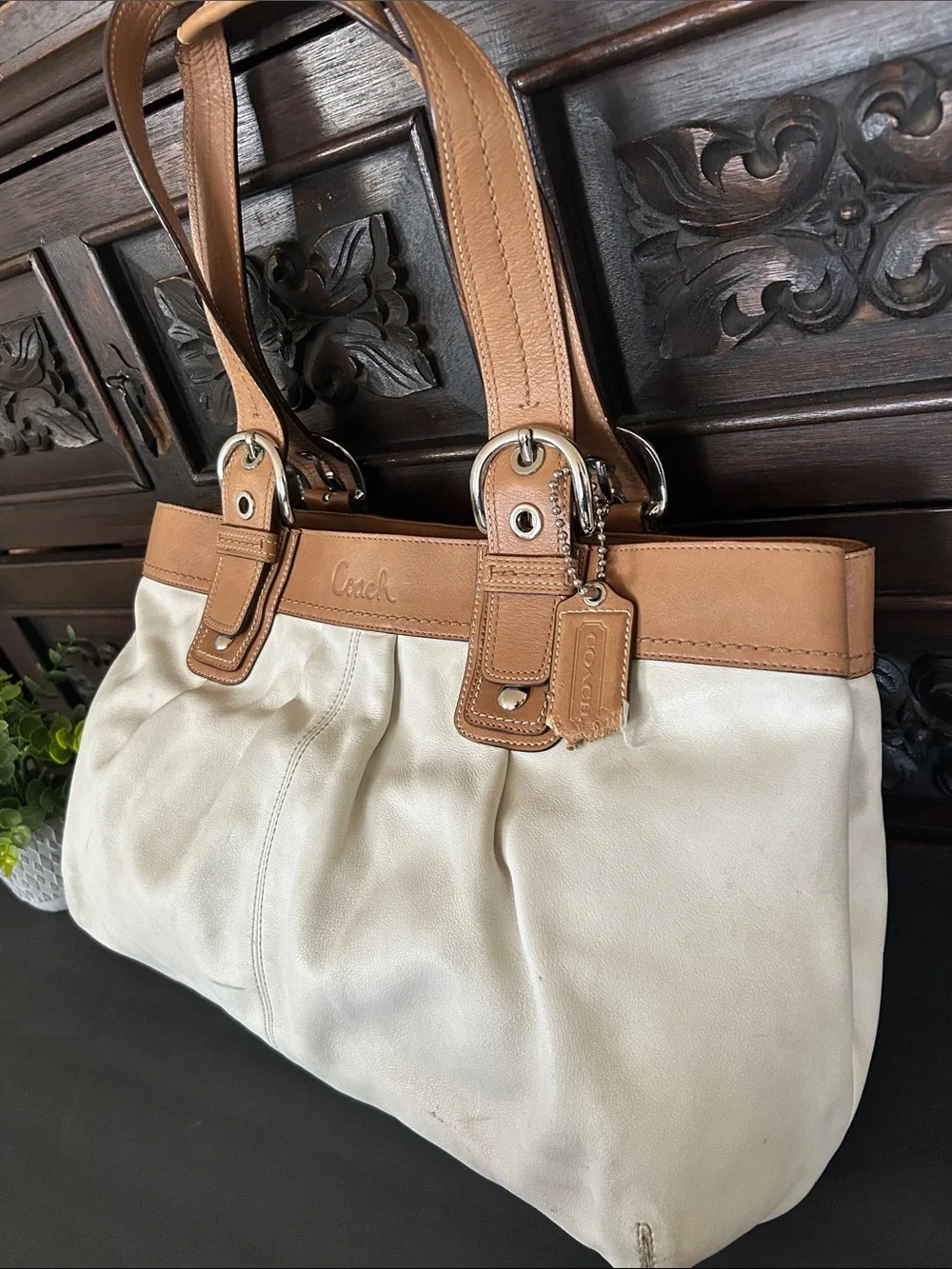 Coach Cream Canvas Shoulder Bag with Tan Leather Trim
